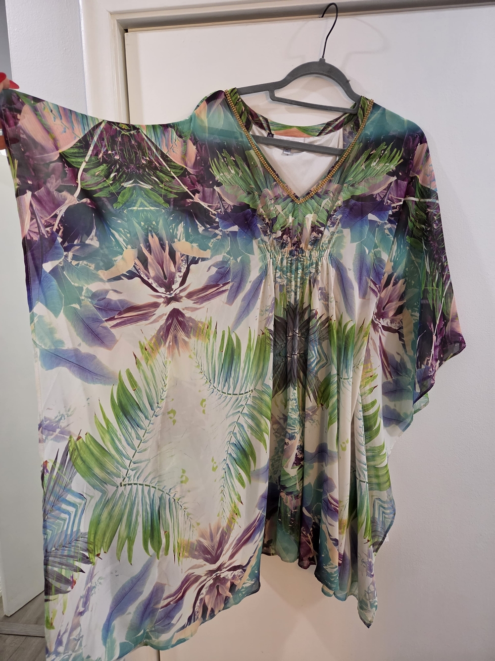 Floral Tropical Caftan Top in Greens & Purples